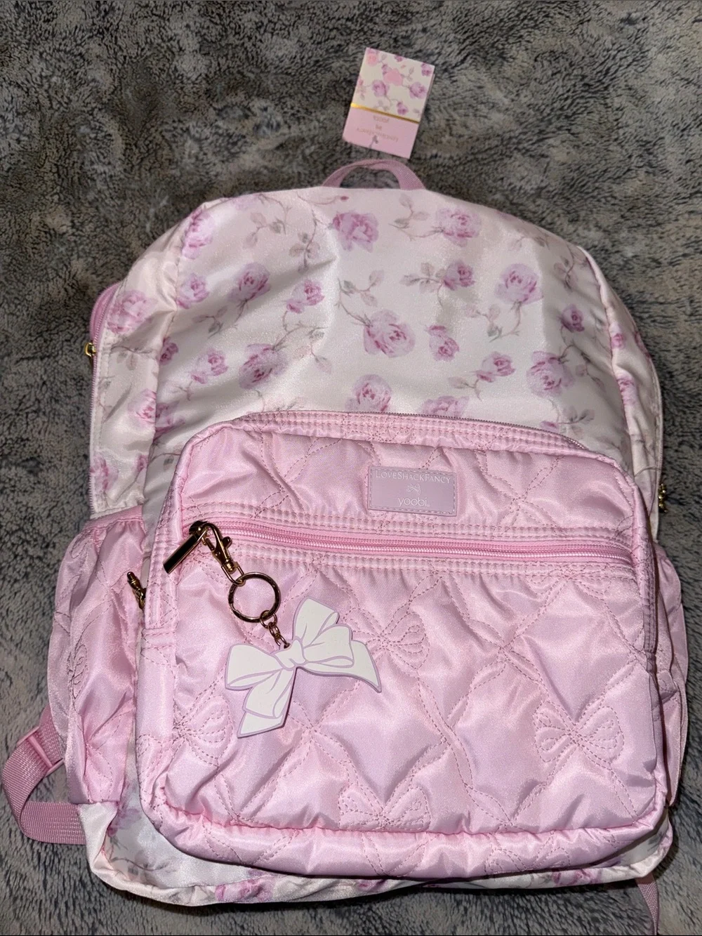 LoveShackFancy Pink Floral Quilted Kids Backpack with Gold Accents
